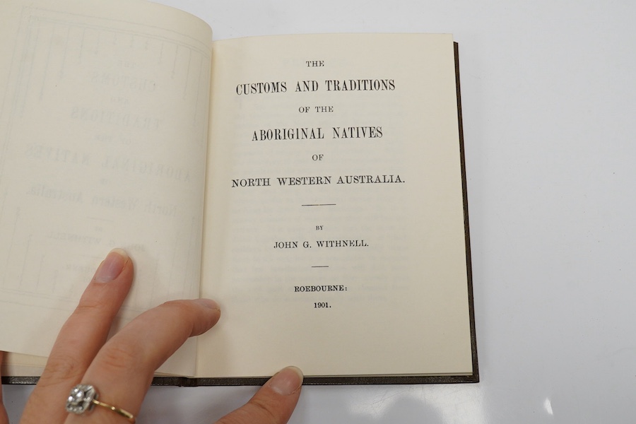 Calvert, Albert F. – The Aborigines of Western Australia, 1894, original cloth and Withnell, John G. - The Aboriginal Natives of North Western Australia, 1965 reprint, both Ex. Brighton Library with stamps (2)